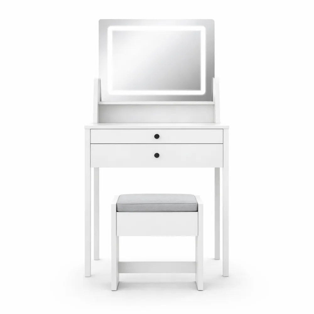 Table de Maquillage avec Miroir LED et Tabouret, Luminosité Ajustable, Plateau en Verre, Rangement Fonctionnel pour Chambre-Ibexhaus