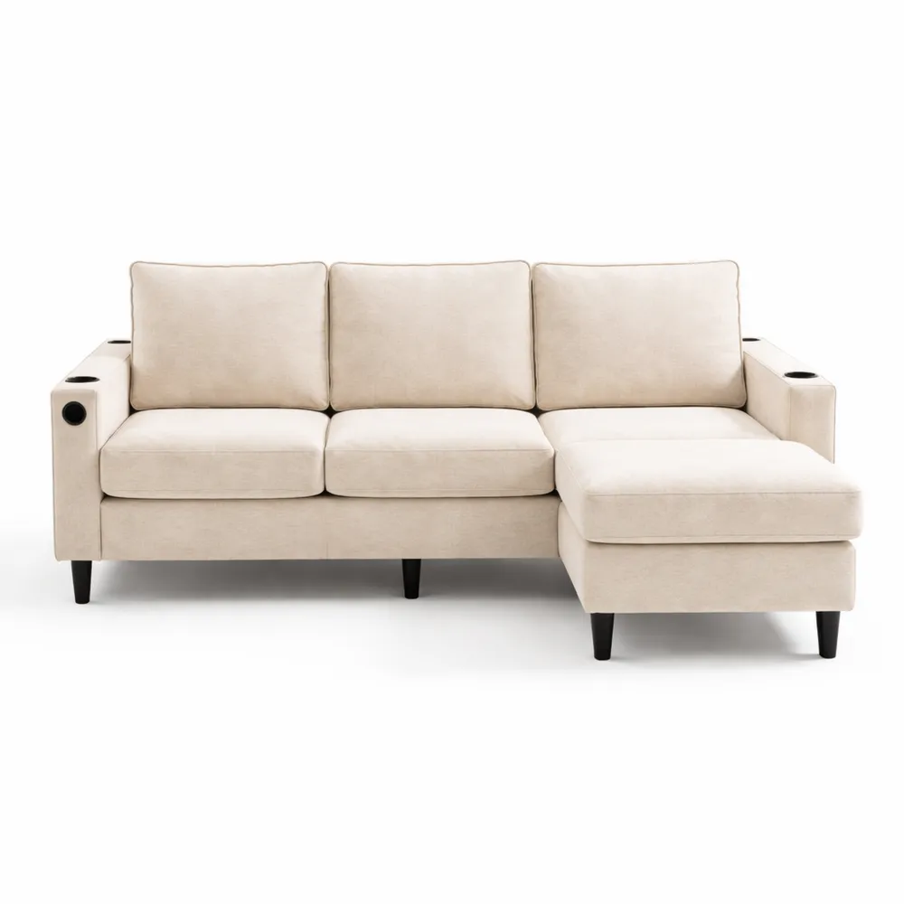 Canapé d'angle 3 places avec ports USB et Type-C, porte-gobelets et repose-pieds amovible, pour salon et chambre, en lin beige