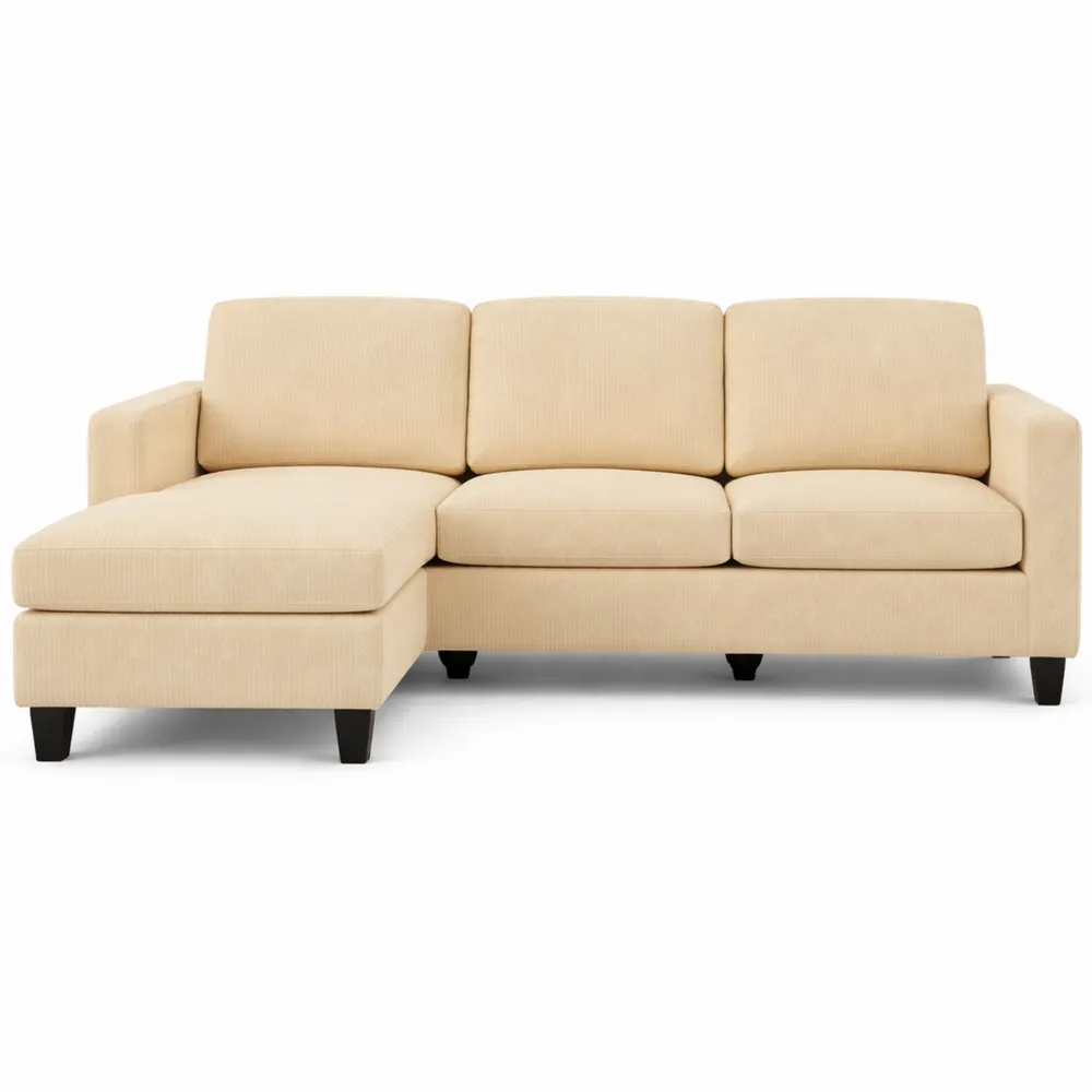 Canapé d'angle en L avec méridienne fixe et tissu velours côtelé beige