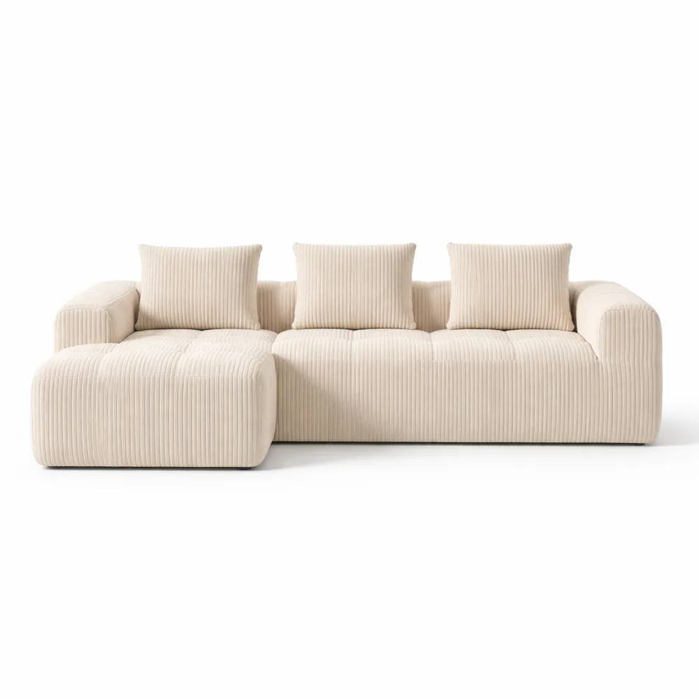 Canapé d'angle modulable en velours avec coussins et porte-gobelets