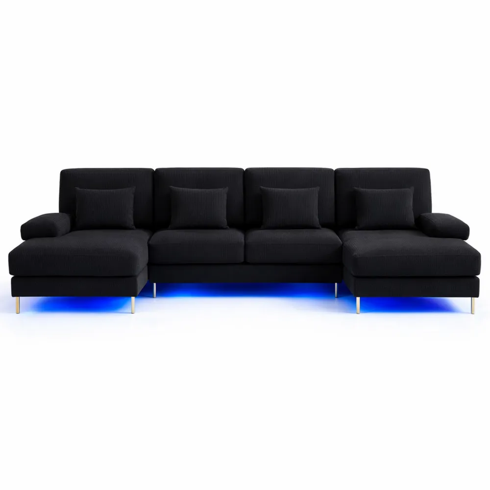 Canapé d'angle panoramique 4 places avec LED et ports USB-C, coussins inclus