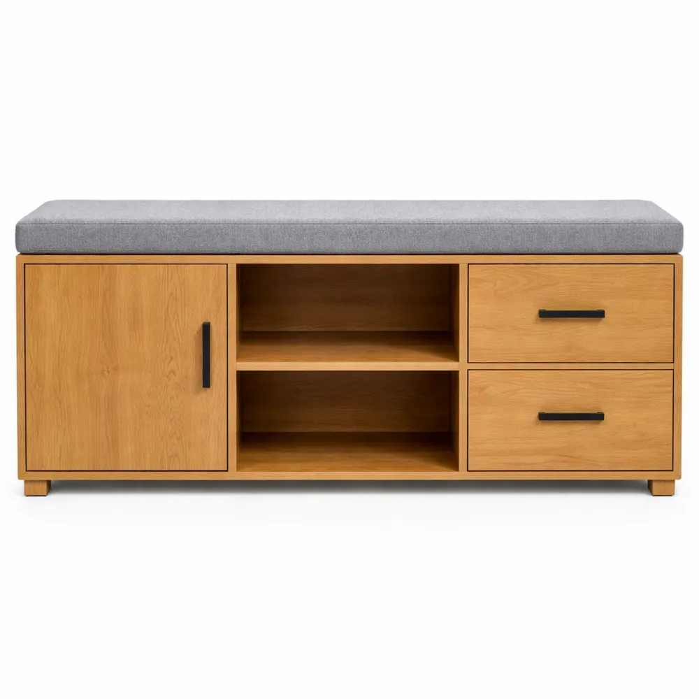 Banc de rangement d'entrée avec coussin et tiroirs, 2 compartiments et porte