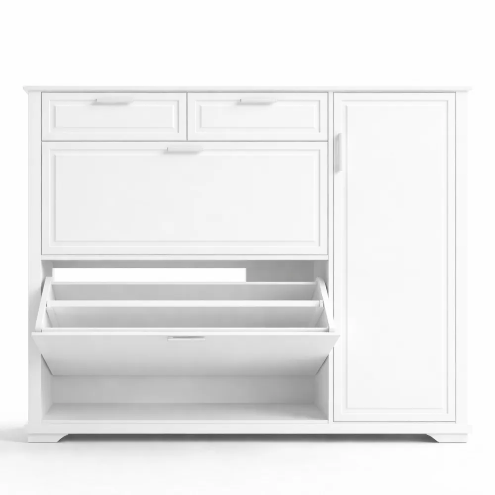 Armoire à chaussures avec tiroirs et compartiments ouverts pour entrée