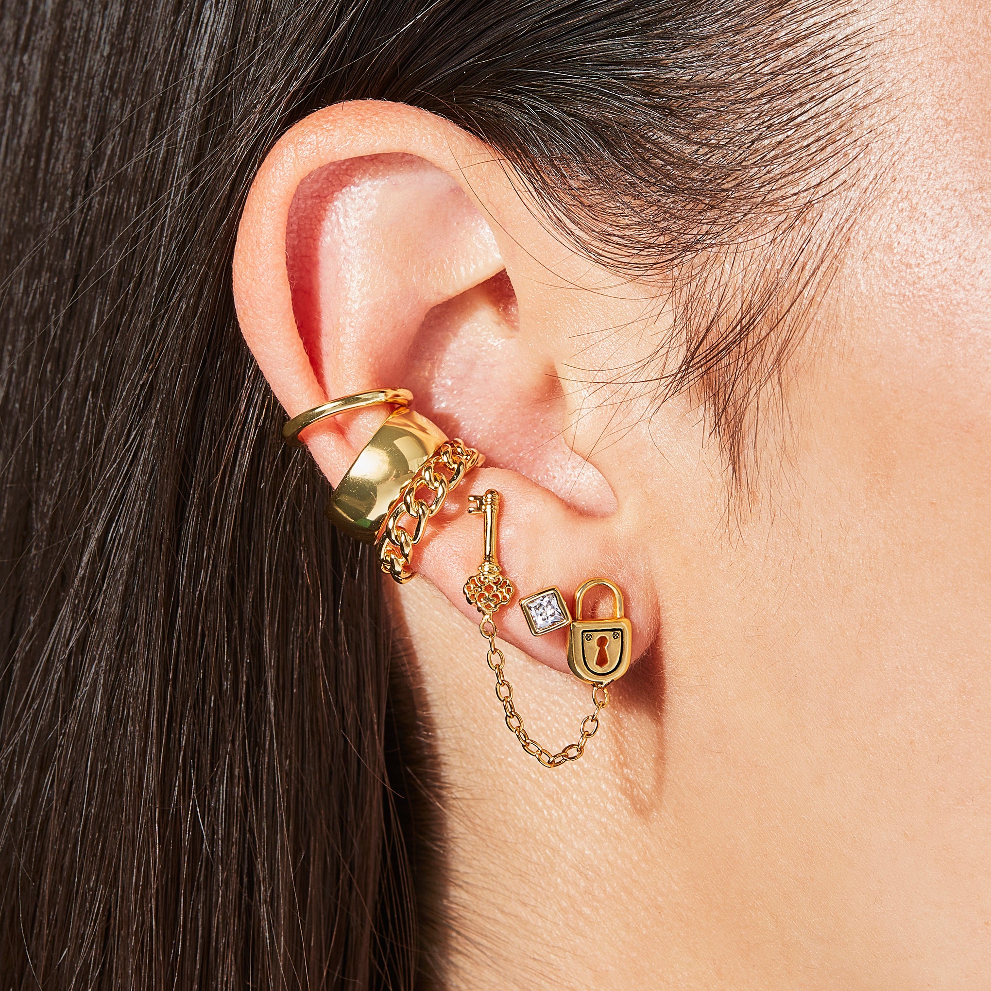 Padlock Double Stud Chain Earring-Chifina