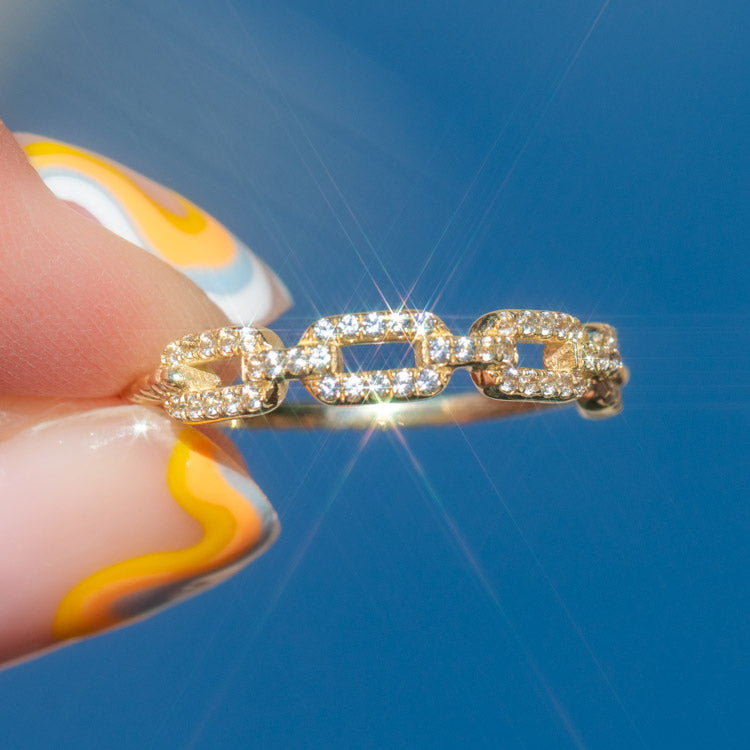 Solid Gold White Sapphire Chunky Chain Link Ring-Koogrl