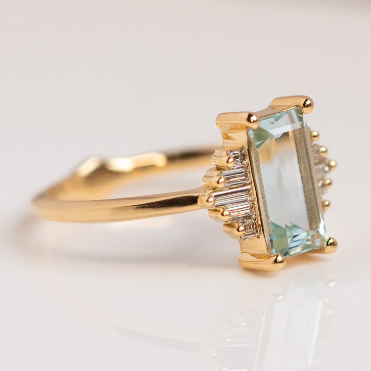 Baguette Cut Aquamarine and Diamond Ring-Koogrl