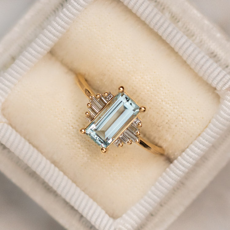 Baguette Cut Aquamarine and Diamond Ring-Koogrl