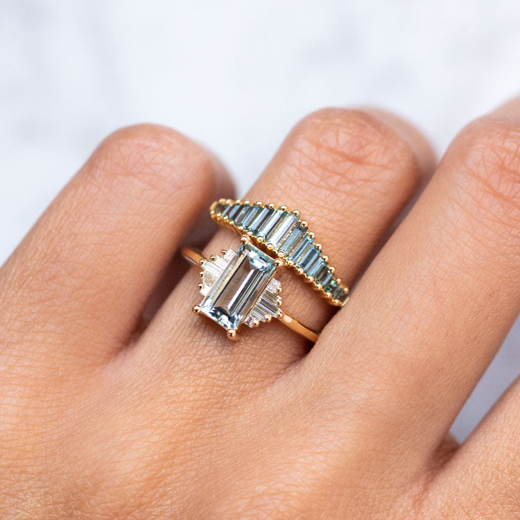 Baguette Cut Aquamarine and Diamond Ring-Koogrl