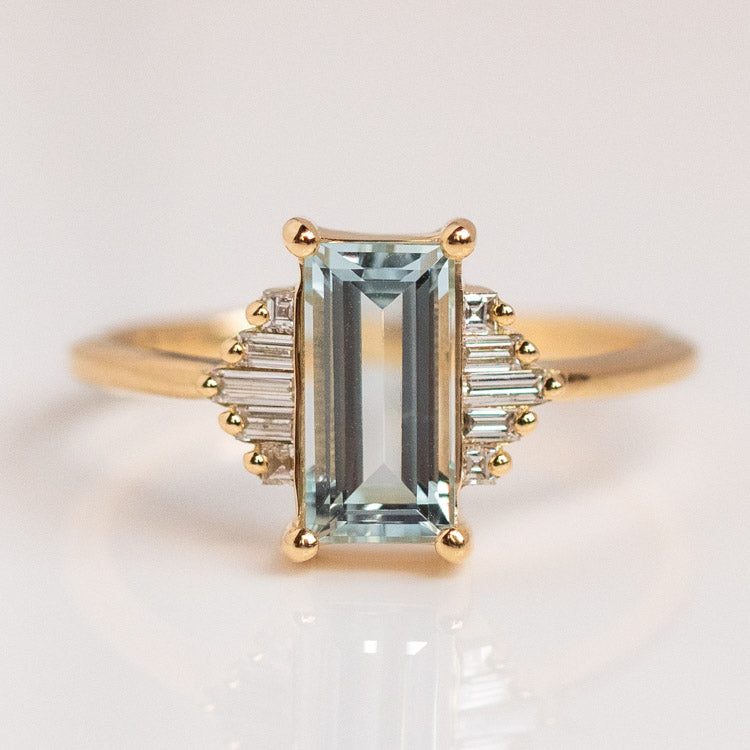Baguette Cut Aquamarine and Diamond Ring-Koogrl