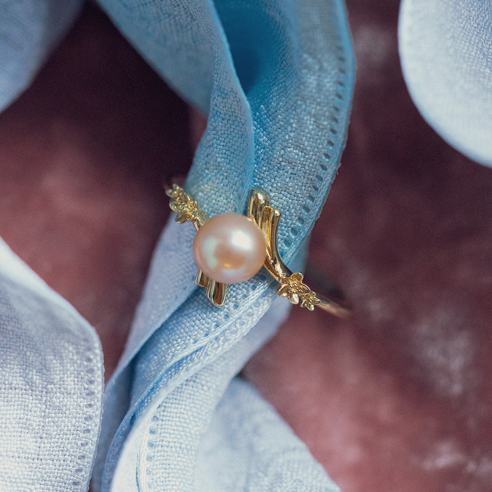10k Forget Me Not Pink Pearl Bypass Ring-Koogrl