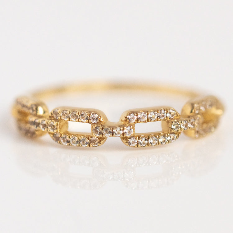 Solid Gold White Sapphire Chunky Chain Link Ring-Koogrl