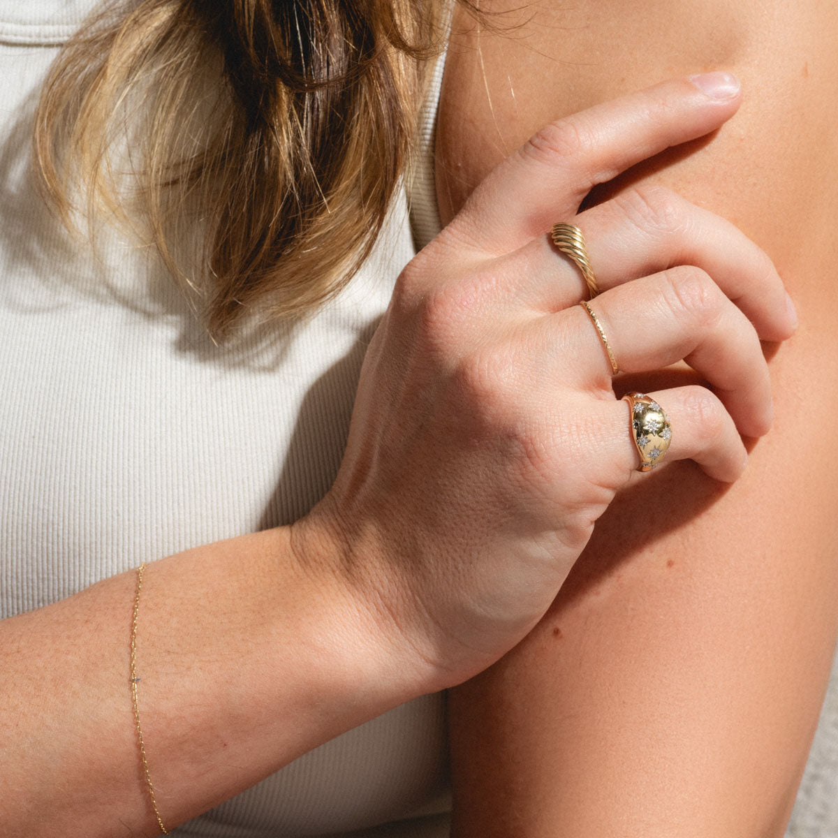 Solid Gold Star Crossed Dome Pinky Ring-Koogrl