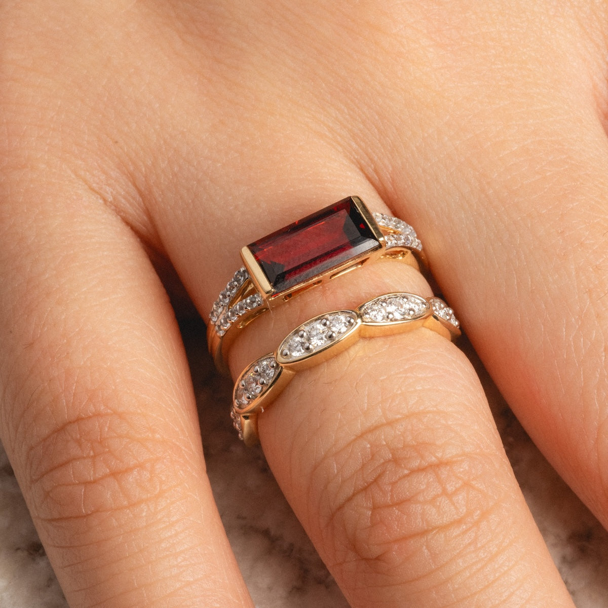 14k Gilded Garnet East West Baguette Ring-Koogrl