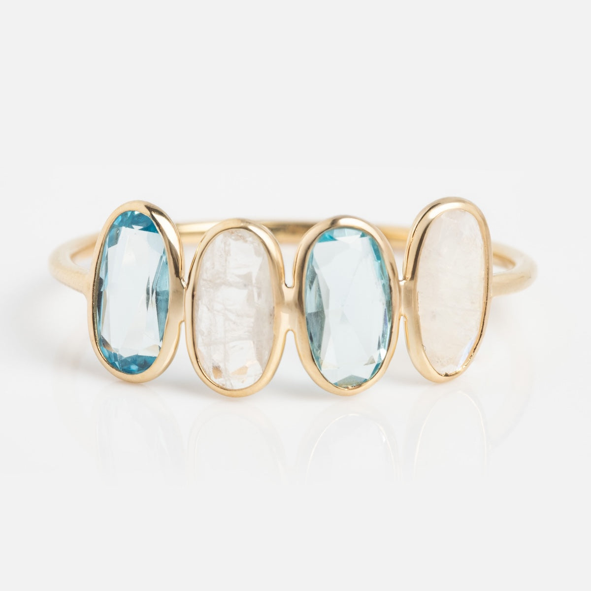 Solid Gold Daybreak Moonstone and Blue Topaz Ring Last Chance Sizes-Koogrl