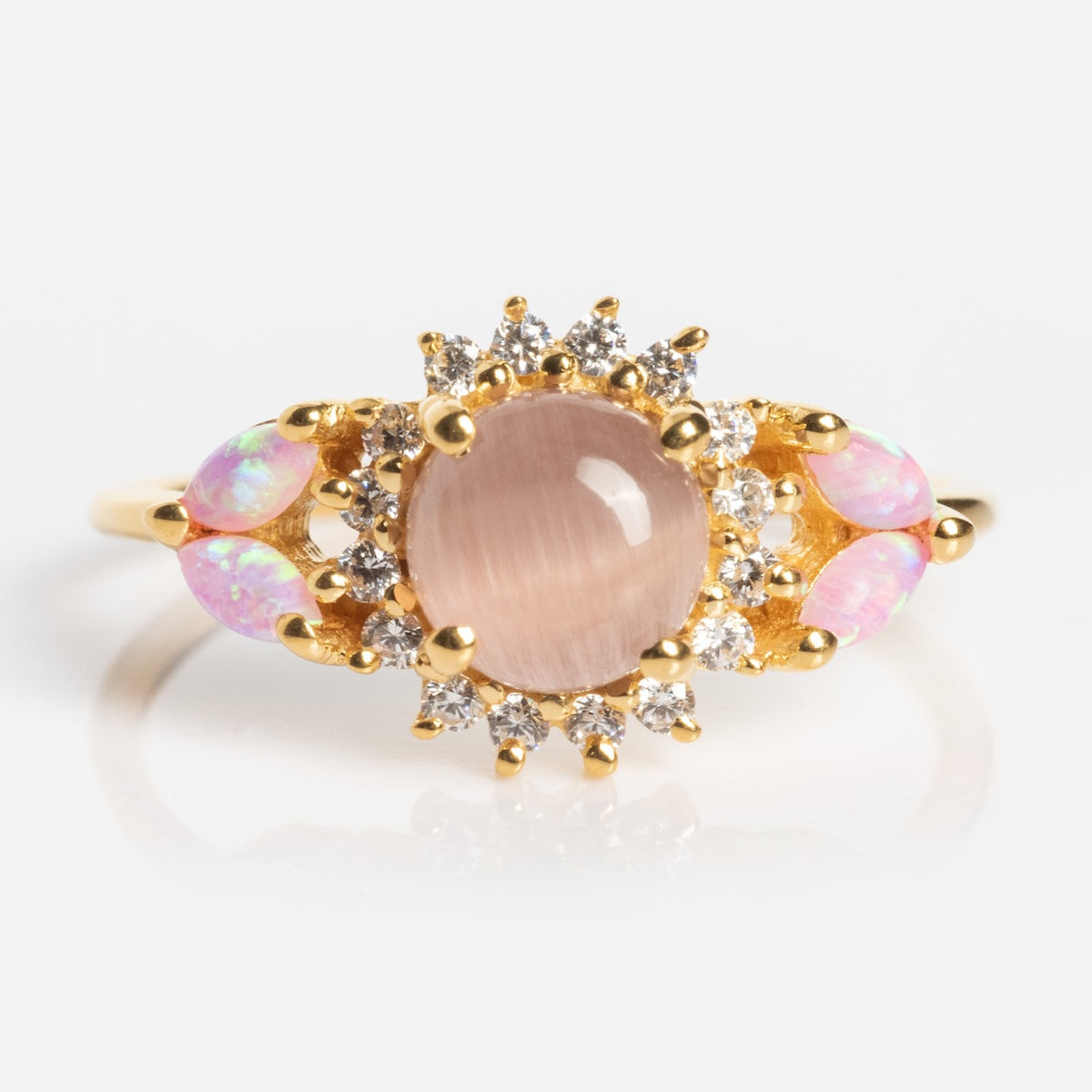 Pink Opal and Cats Eye Moonstone Sunflower Ring-Koogrl