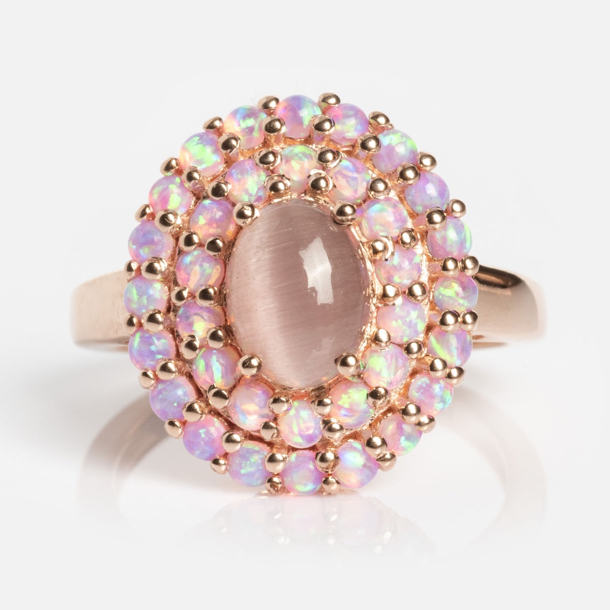 Rose Gold Pink Opal and Cats Eye Moonstone Crown Ring-Koogrl