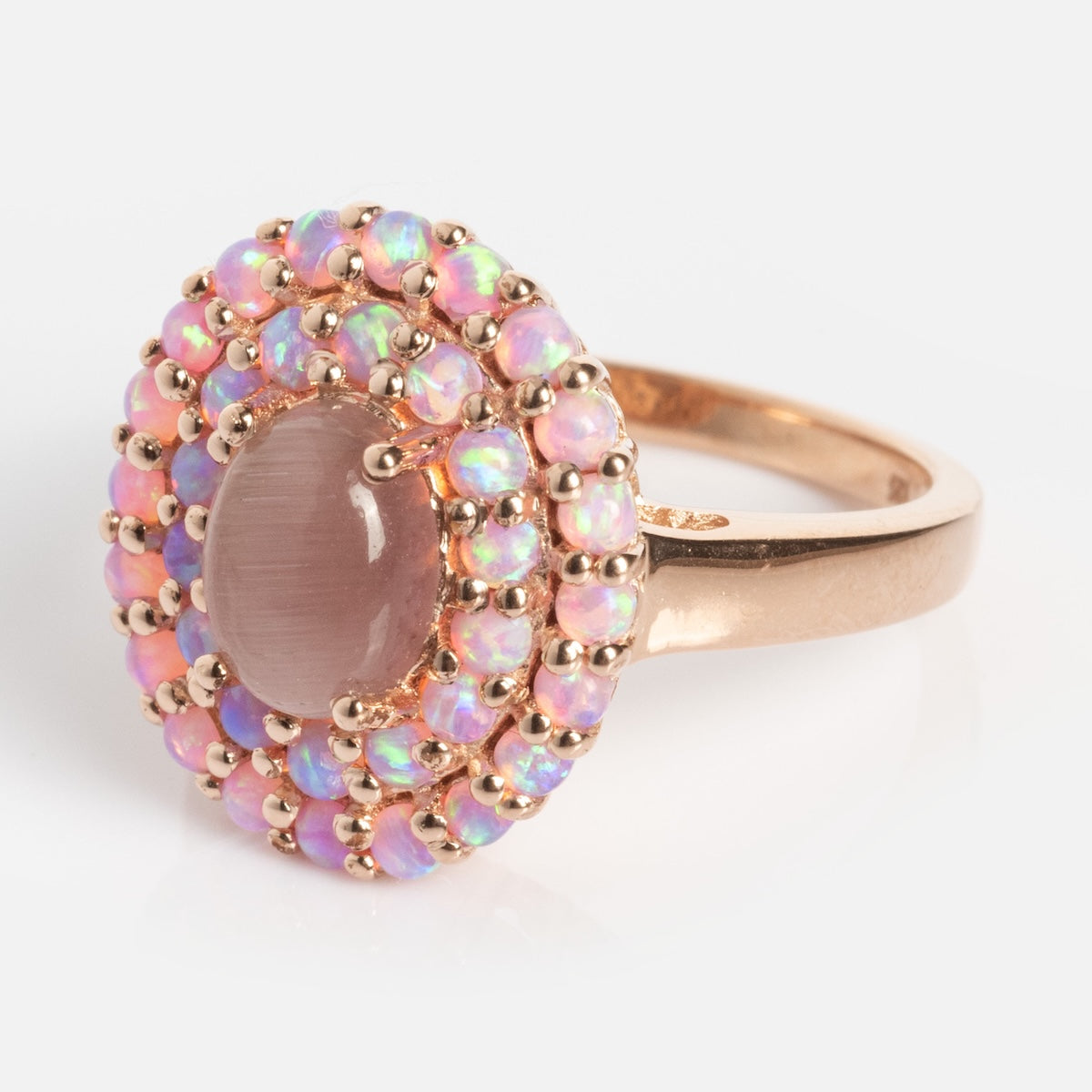 Rose Gold Pink Opal and Cats Eye Moonstone Crown Ring-Koogrl
