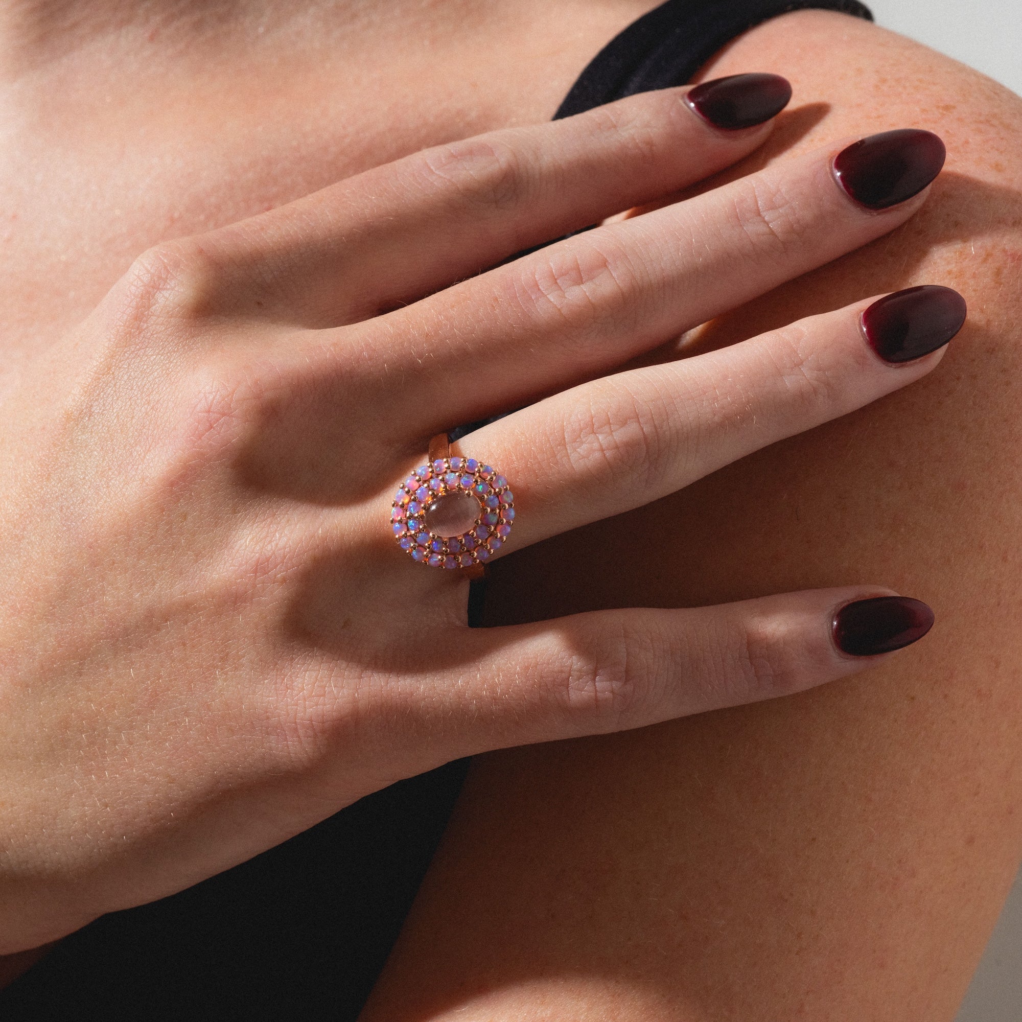 Rose Gold Pink Opal and Cats Eye Moonstone Crown Ring-Koogrl