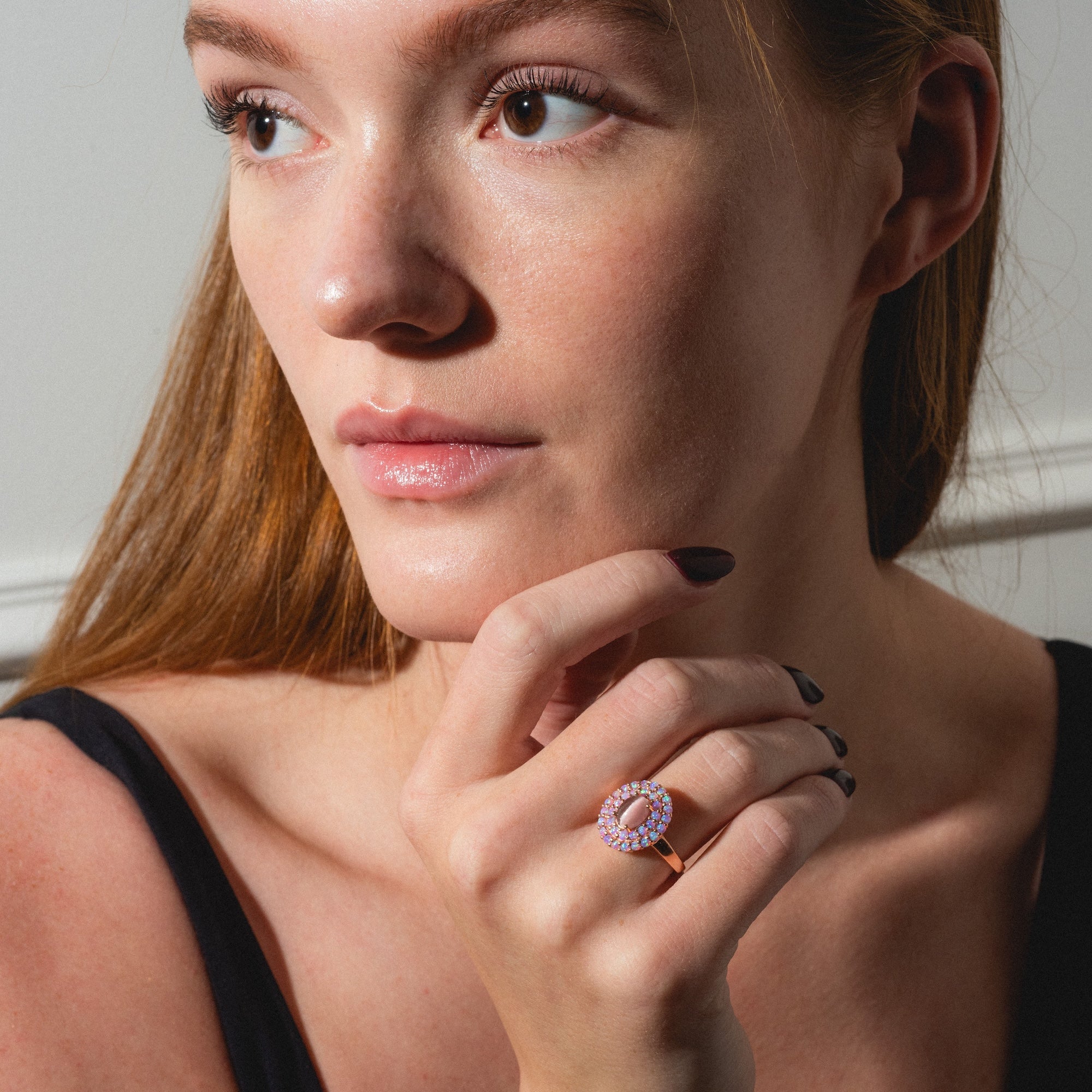 Rose Gold Pink Opal and Cats Eye Moonstone Crown Ring-Koogrl