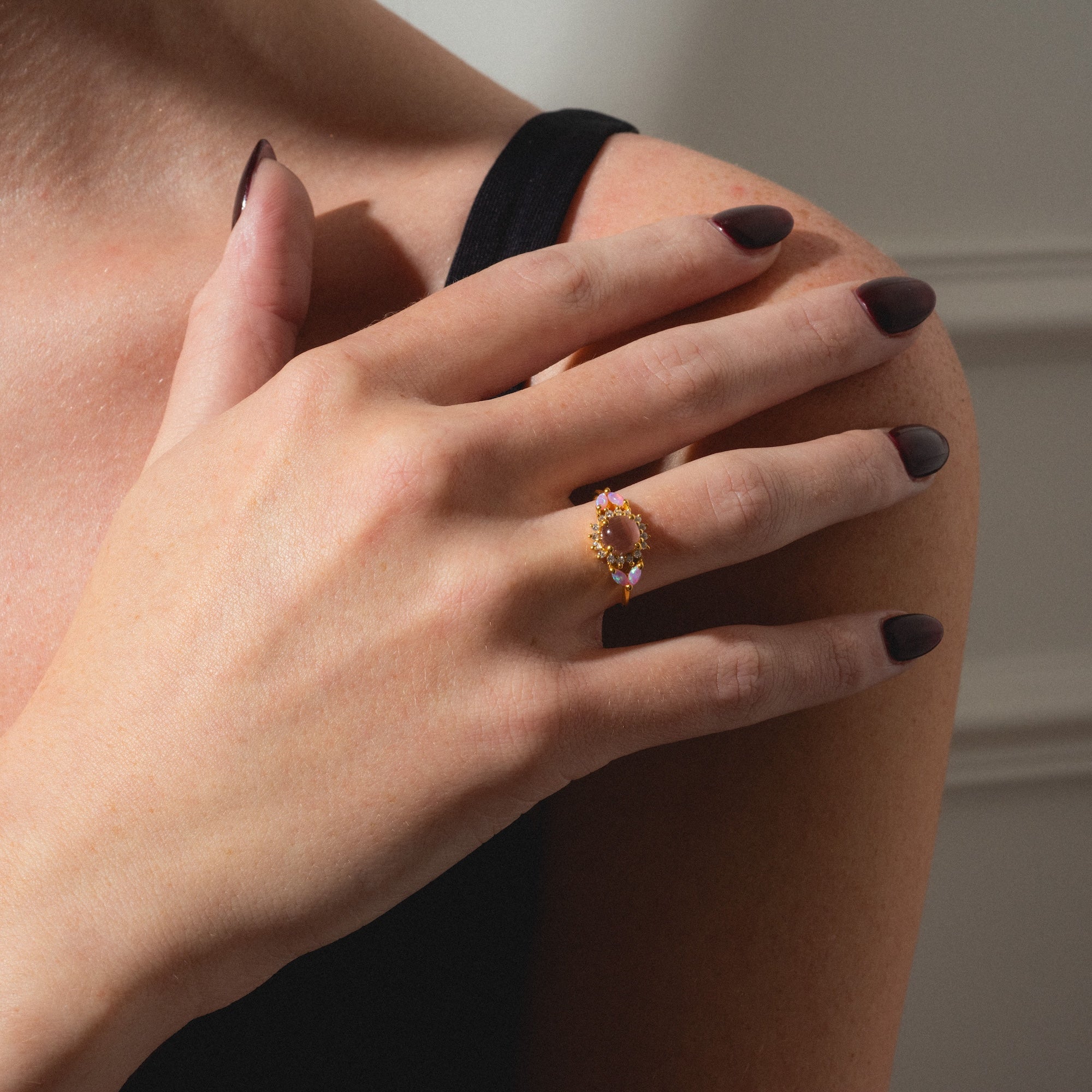 Pink Opal and Cats Eye Moonstone Sunflower Ring-Koogrl