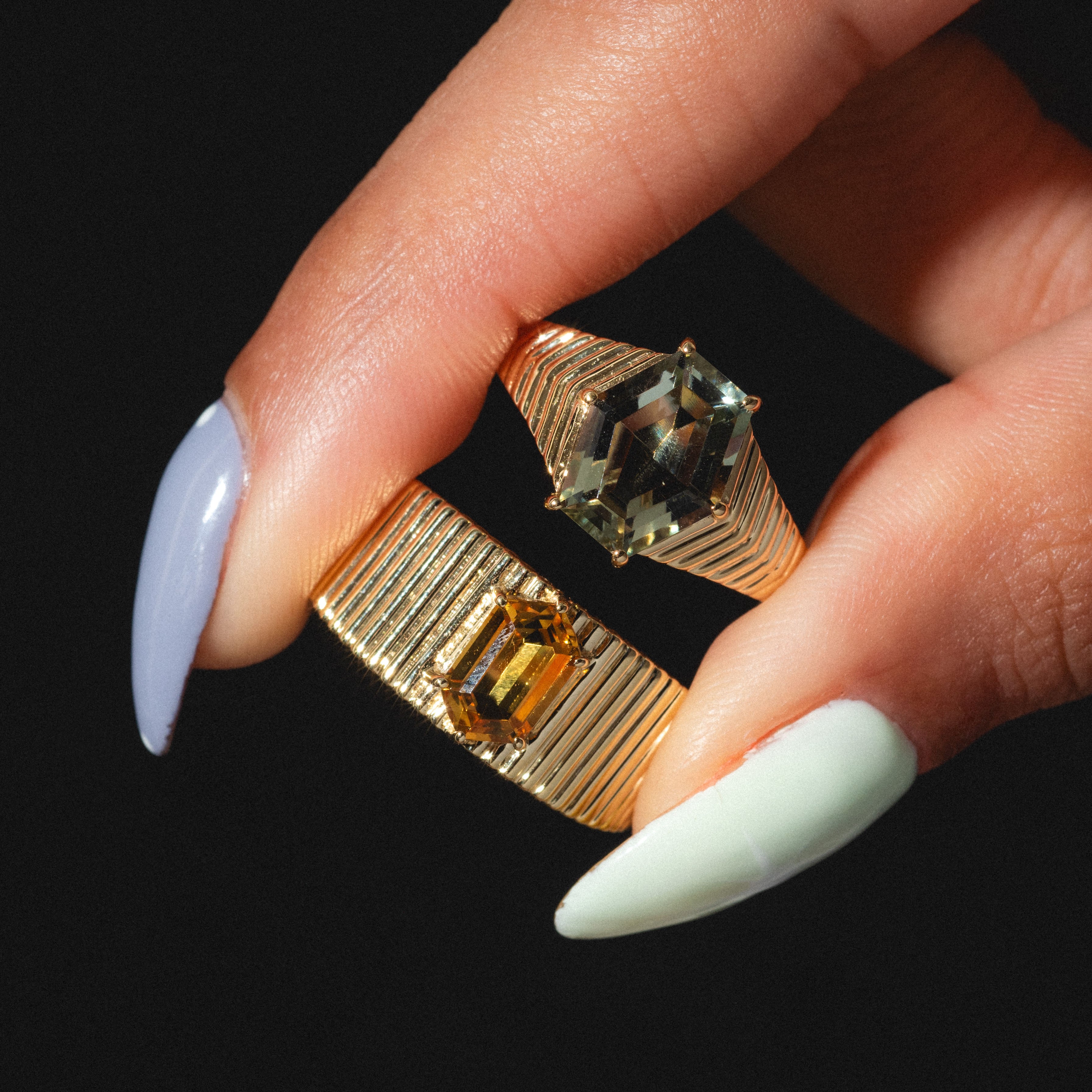 Solid Gold Green Amethyst Bold Chevron Ring-Koogrl