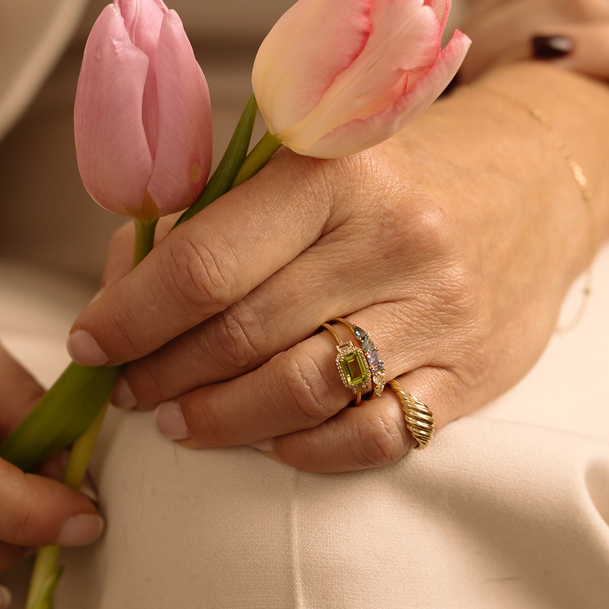 Solid Gold Vintage Inspired East West Peridot Ring-Koogrl