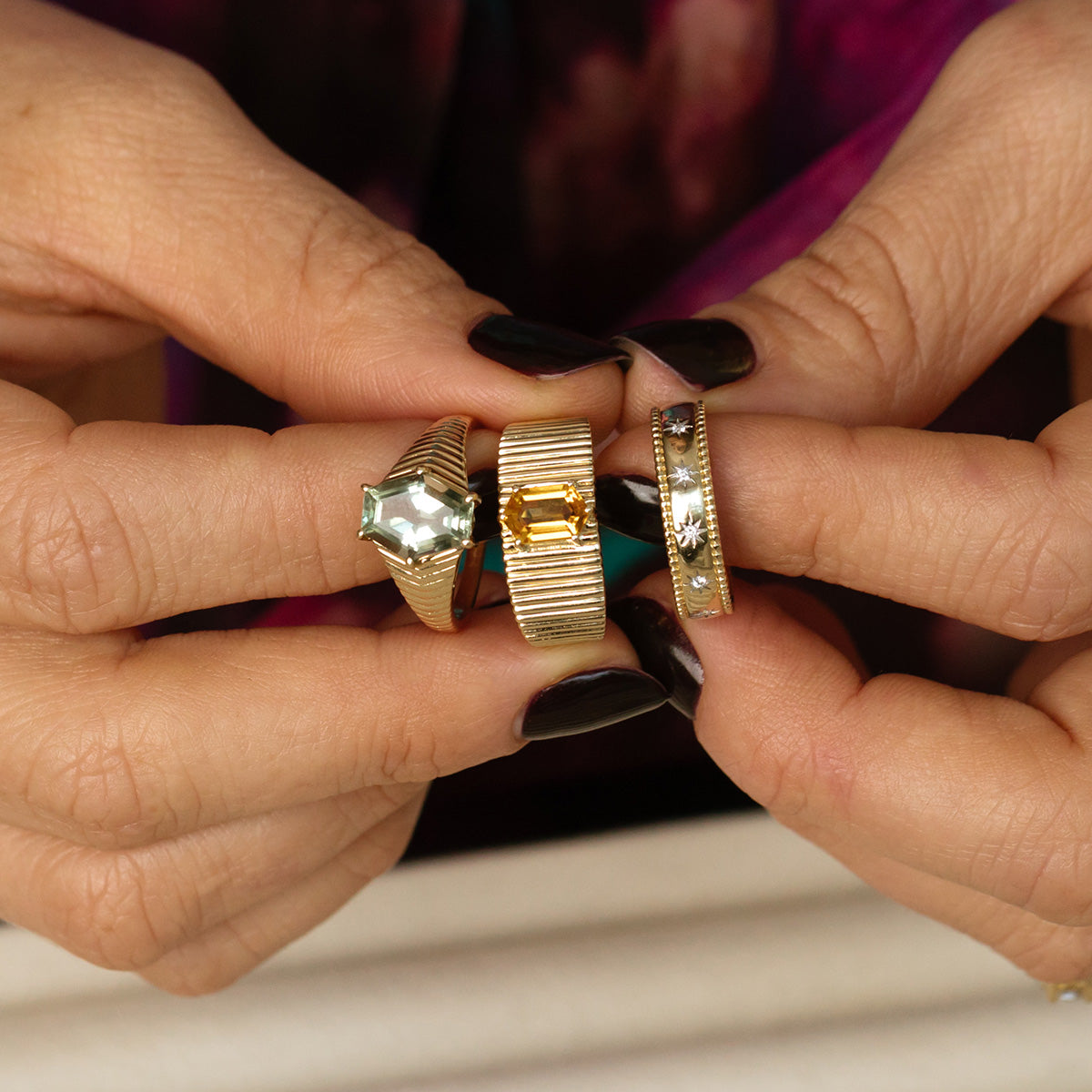 Solid Gold Green Amethyst Bold Chevron Ring-Koogrl