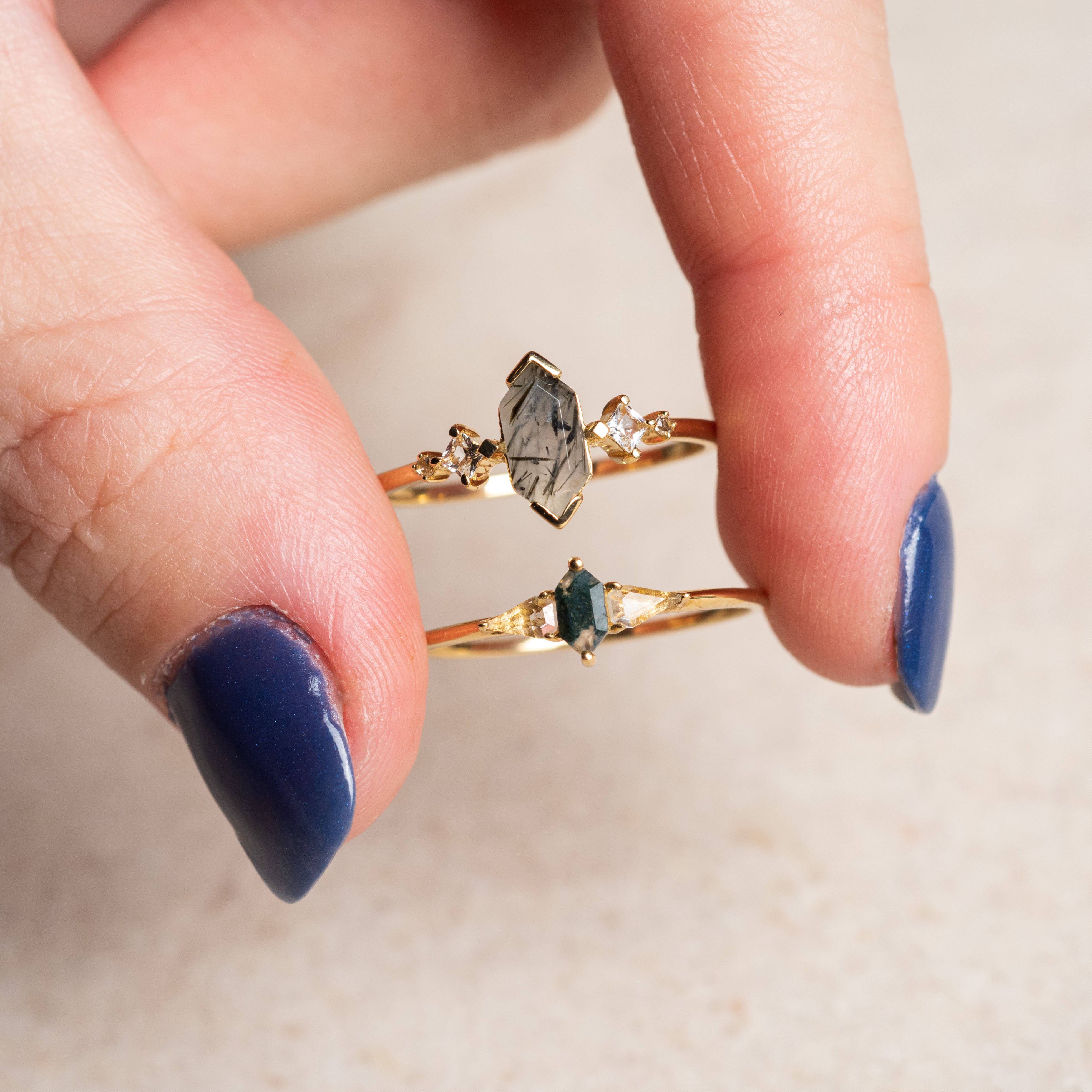 Solid Gold Aquatic Agate Elements Hexagon Ring-Koogrl