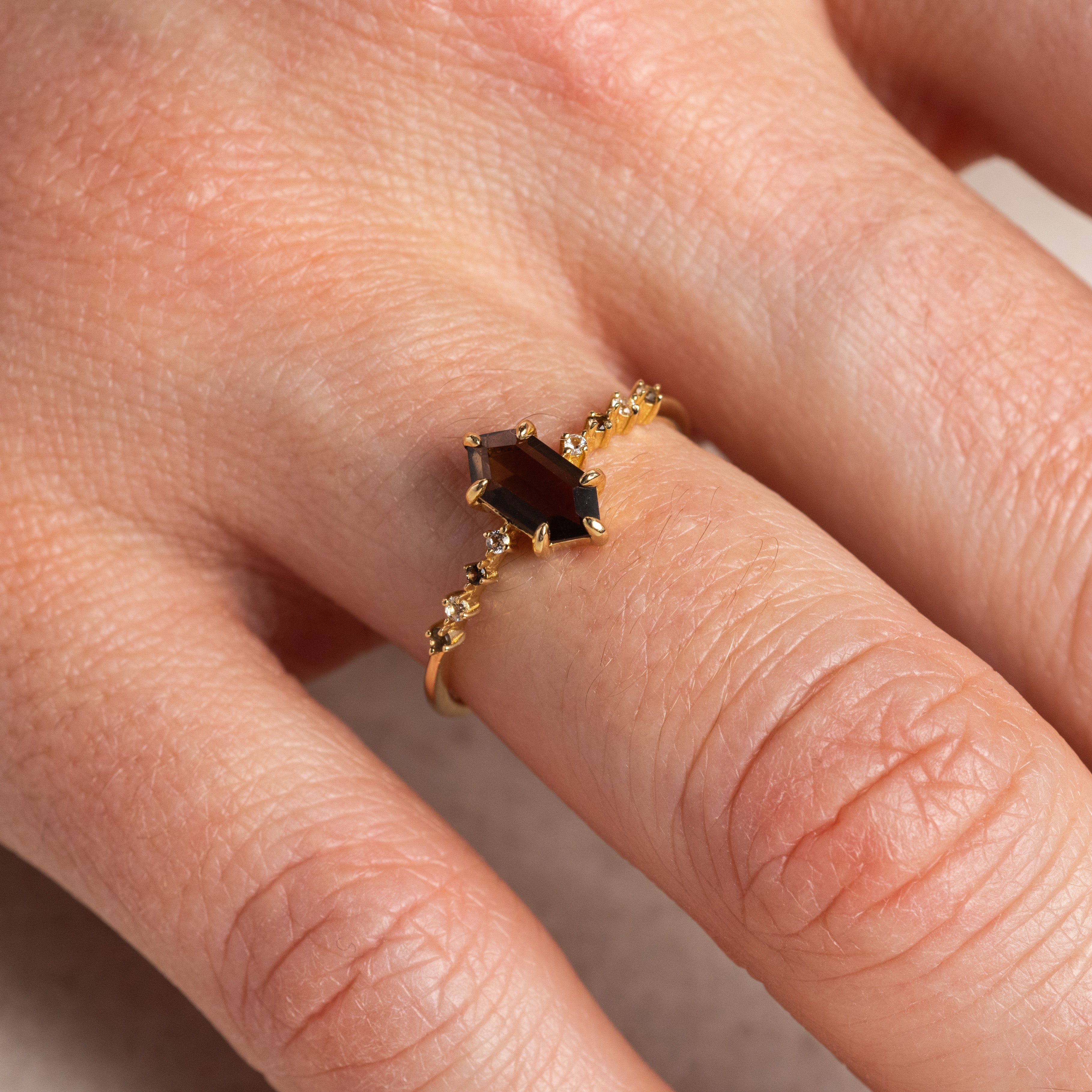 Solid Gold Smoky Quartz Hexagon Ring for Courage-Koogrl