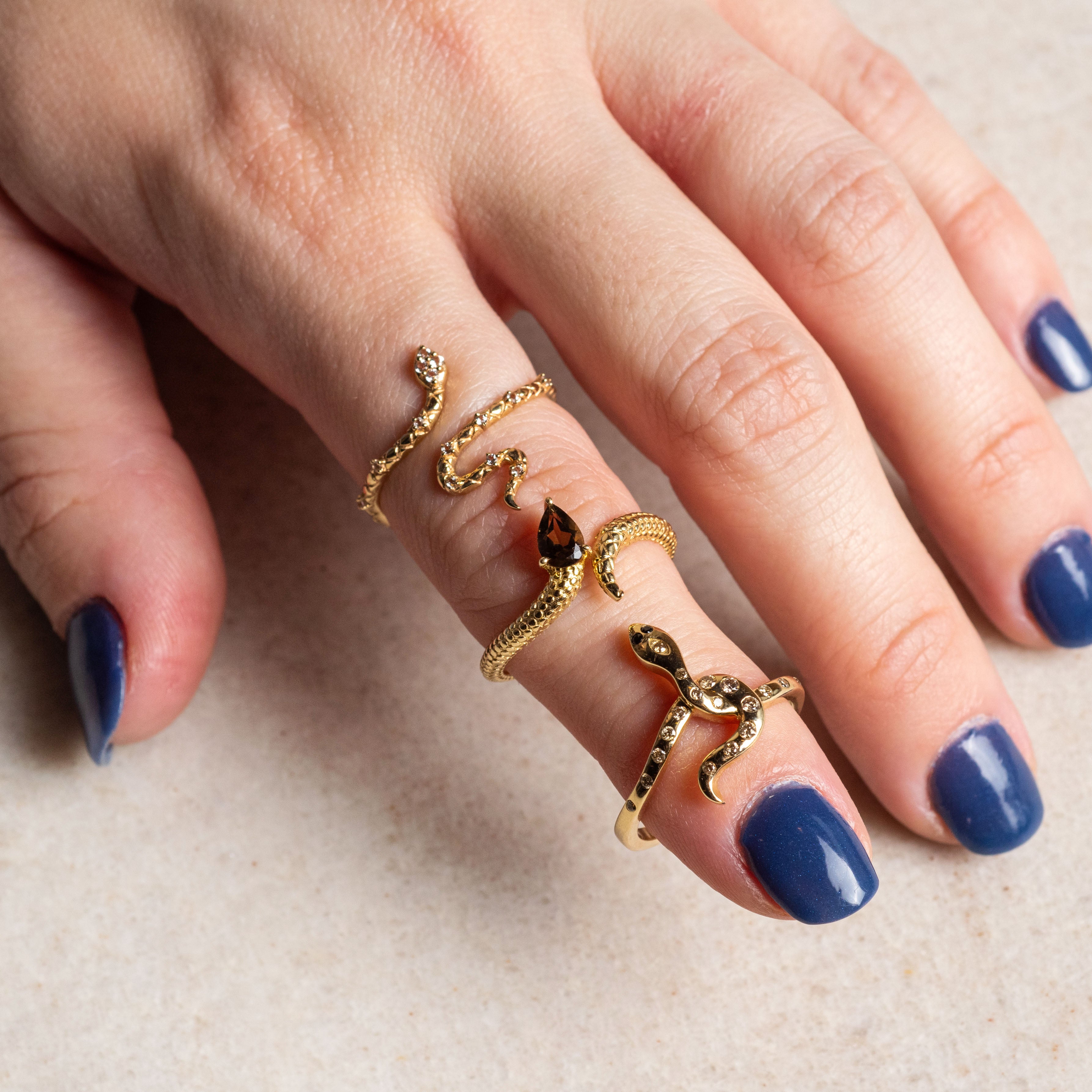 Solid Gold Smoky Quartz Snake Ring for Transformation-Koogrl