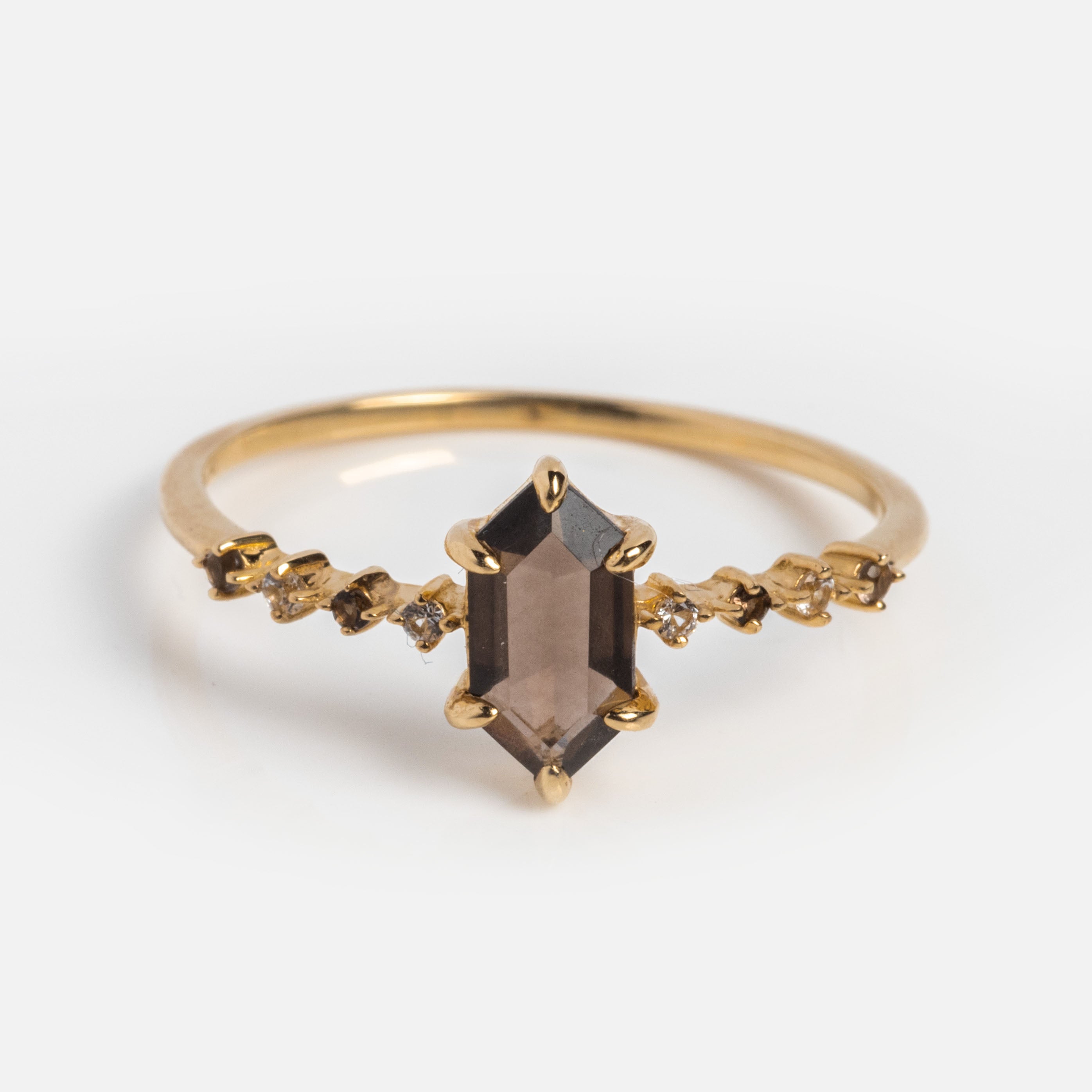 Solid Gold Smoky Quartz Hexagon Ring for Courage-Koogrl