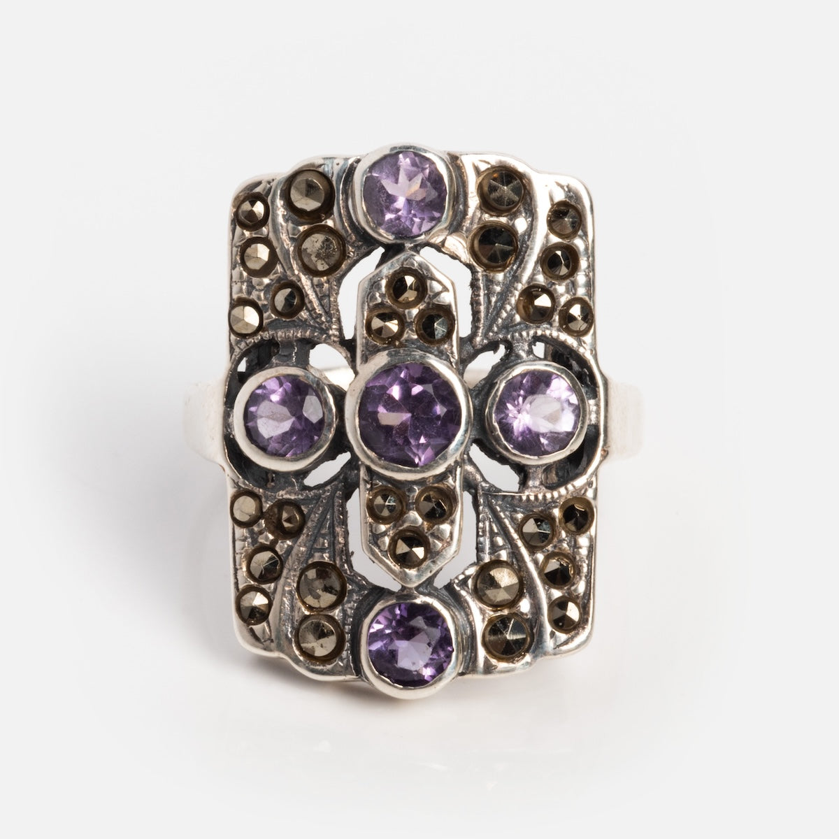Vintage Silver Amethyst Mid Century Art Deco Ring-Koogrl