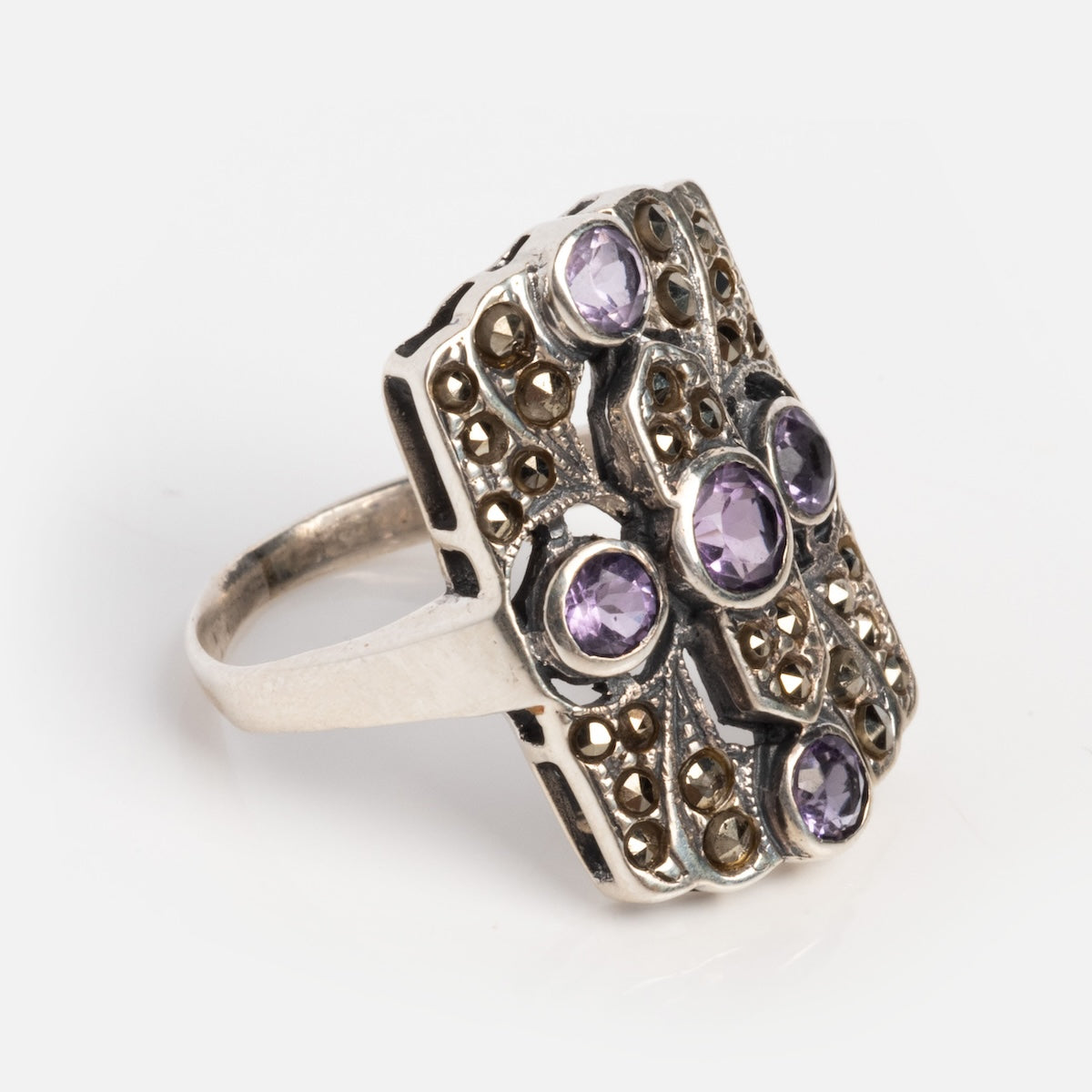Vintage Silver Amethyst Mid Century Art Deco Ring-Koogrl