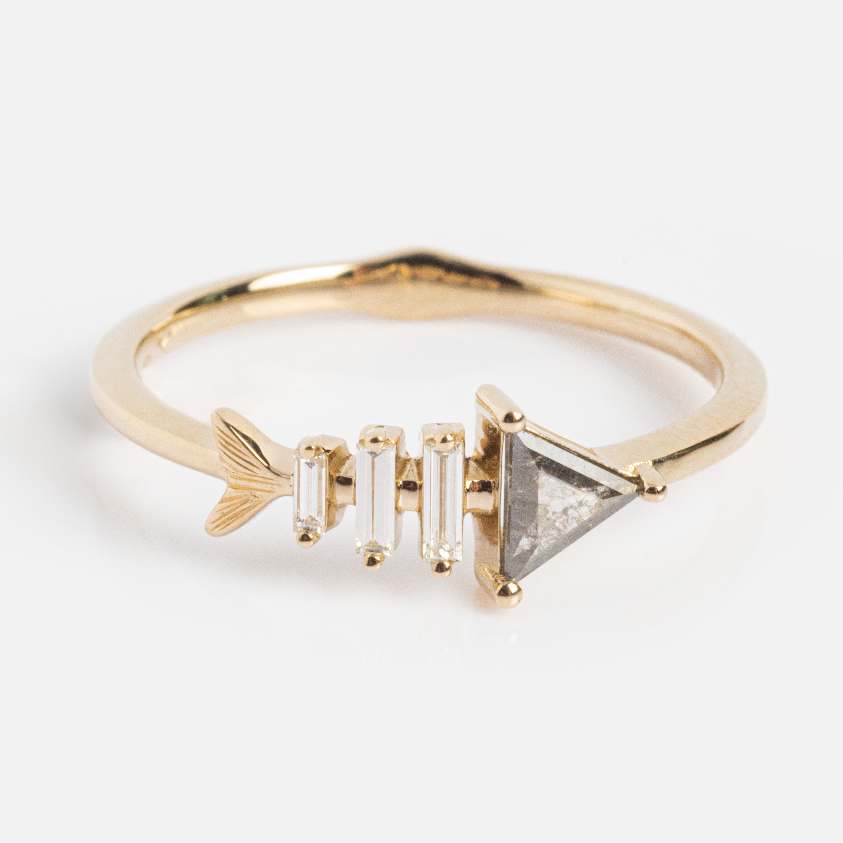 Gold Fish Bone Ring with Triangle and Baguette Cut Diamond-Koogrl