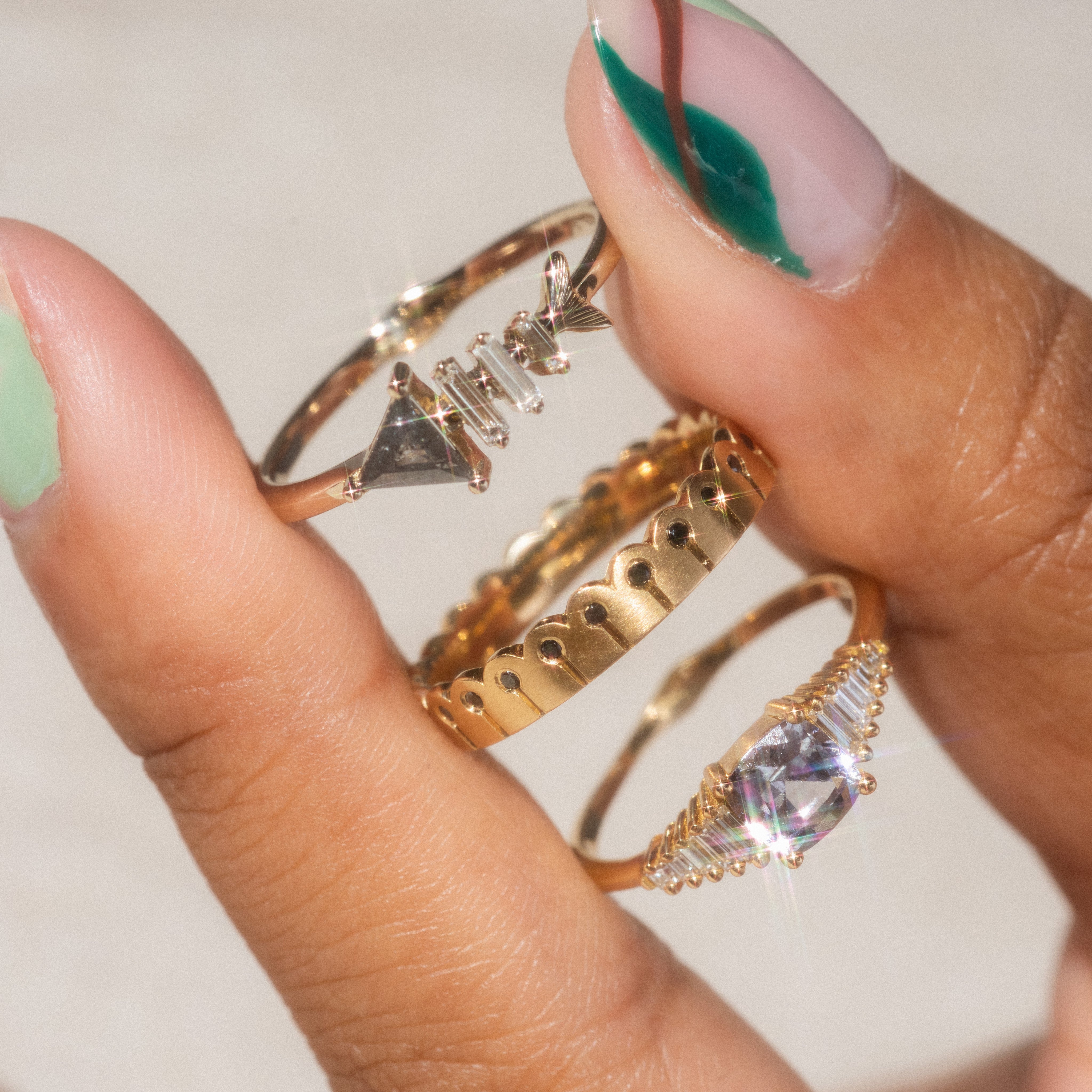 Gold Fish Bone Ring with Triangle and Baguette Cut Diamond-Koogrl