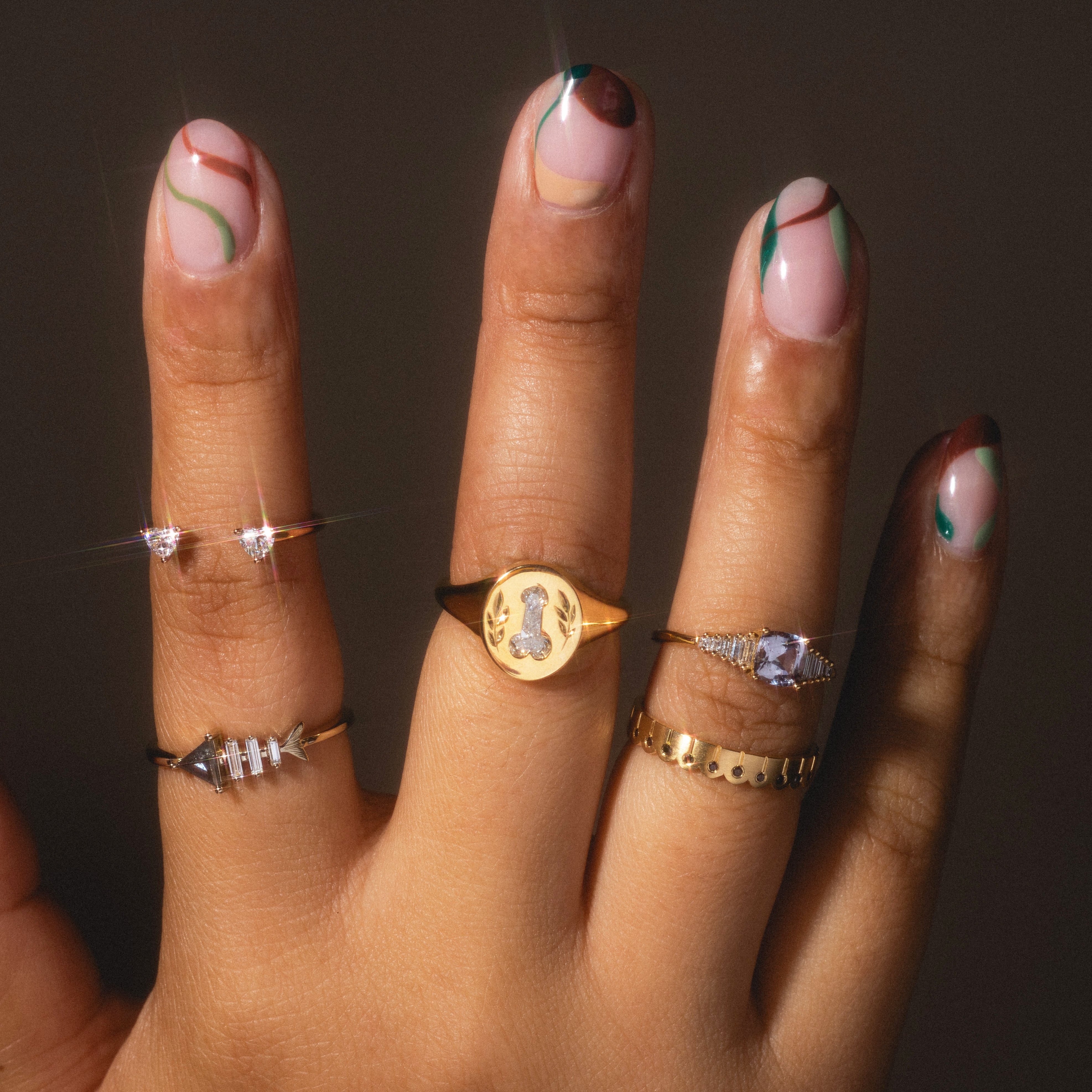 Gold Fish Bone Ring with Triangle and Baguette Cut Diamond-Koogrl