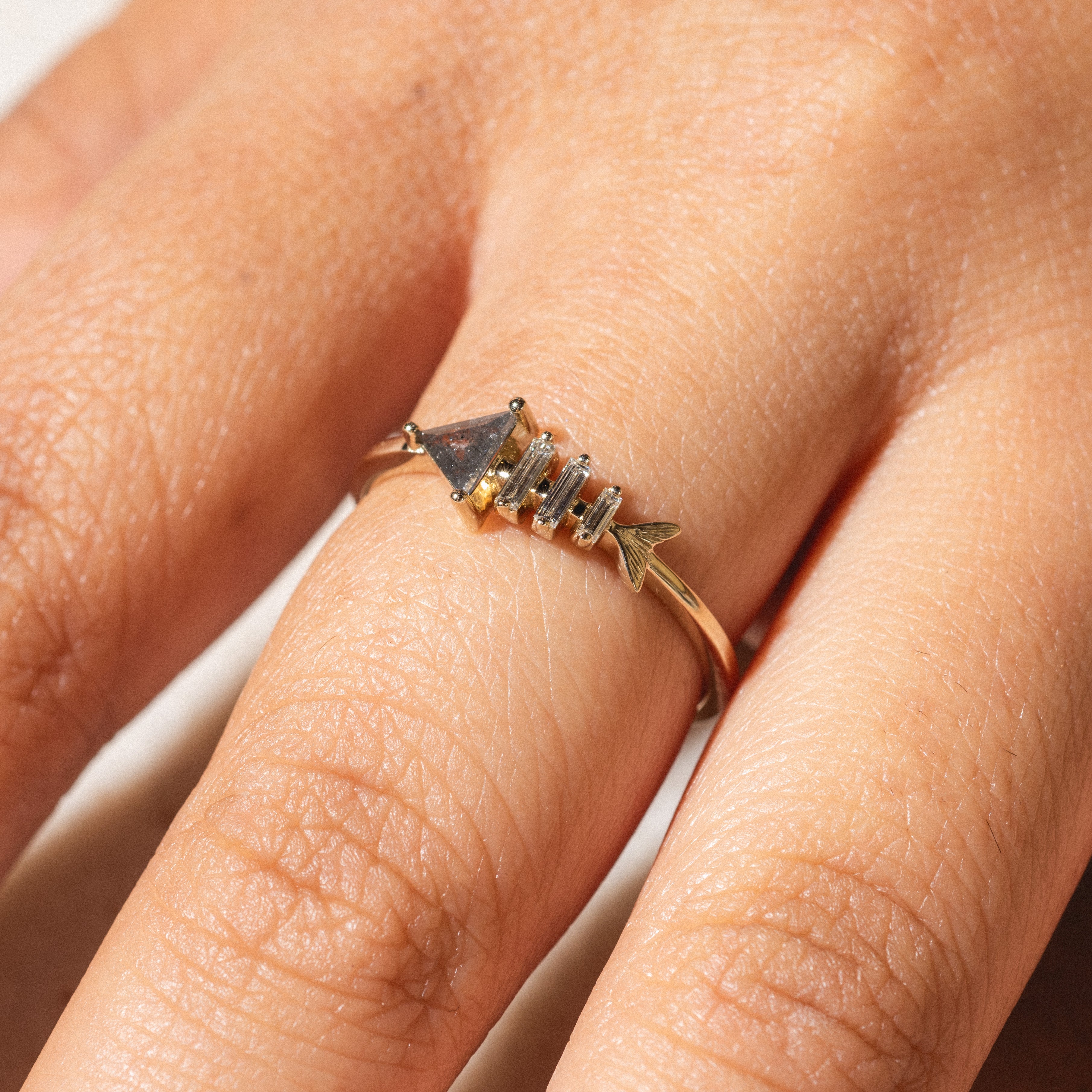 Gold Fish Bone Ring with Triangle and Baguette Cut Diamond-Koogrl