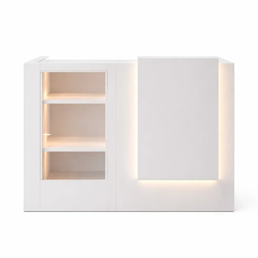 Bancone angolare da reception con vetrina e luci colorate