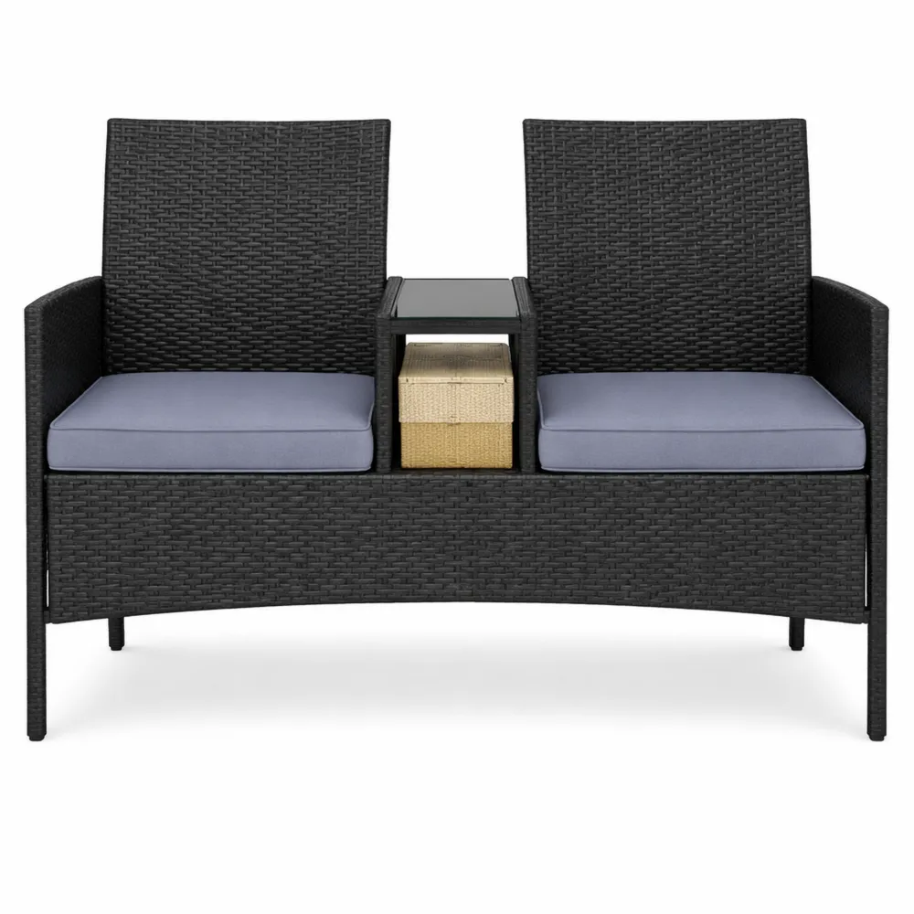 Divanetto Esterno in Rattan con Tavolino e Cuscini Rimovibili