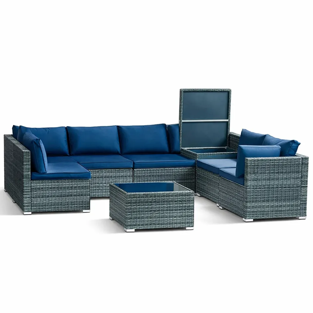 Set da Giardino 8 Pezzi in Polyrattan con Tavolino in Vetro, Divano Componibile per Esterni