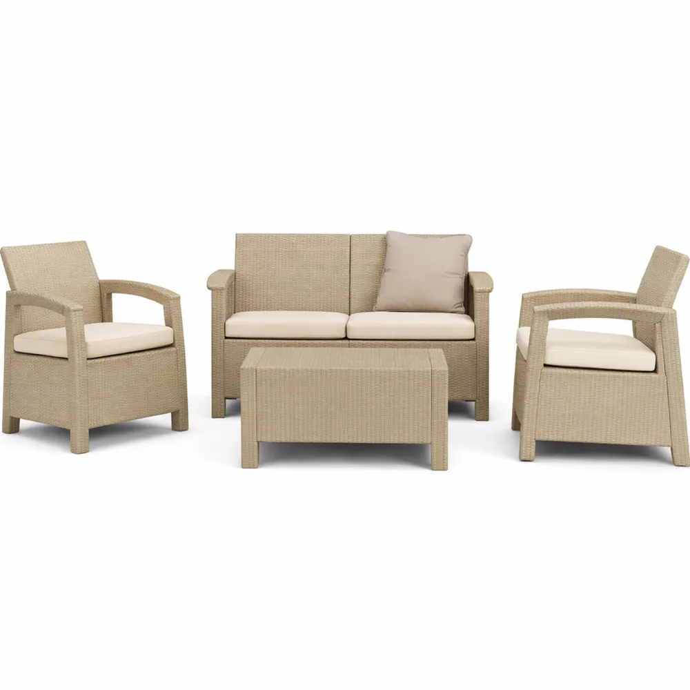 Set da Giardino con Poltrone, Divano e Tavolino in Finitura Intrecciata, Cappuccino