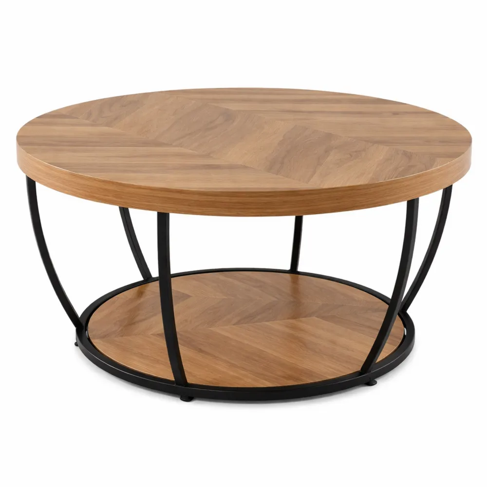 Tavolino Rotondo a 2 Ripiani Stile Industriale, Legno e Metallo, Montaggio Facile