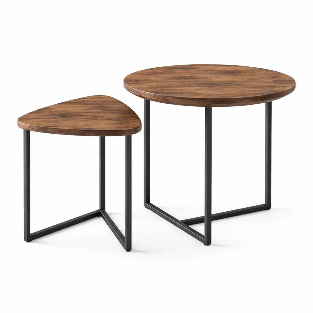 Set di Tavolini da Caffè Rotondi in Legno e Metallo, Design Industriale Moderno