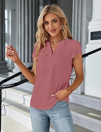 Women's Dressy Casual Tops Business Work Blouses White Button Down Shirts Cap Sleeve V Neck Tshirt
