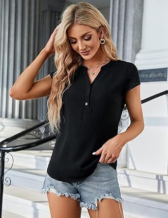 Women's Dressy Casual Tops Business Work Blouses White Button Down Shirts Cap Sleeve V Neck Tshirt