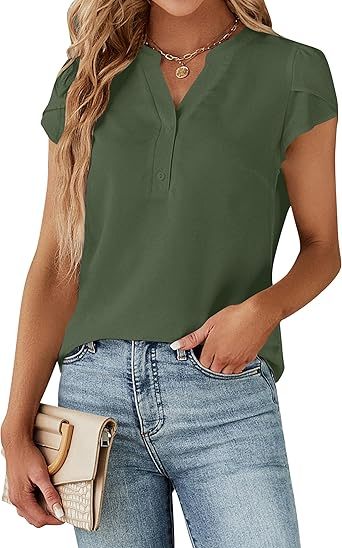 Women's Dressy Casual Tops Business Work Blouses White Button Down Shirts Cap Sleeve V Neck Tshirt