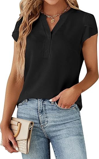 Women's Dressy Casual Tops Business Work Blouses White Button Down Shirts Cap Sleeve V Neck Tshirt