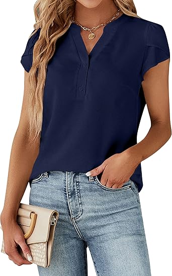 Women's Dressy Casual Tops Business Work Blouses White Button Down Shirts Cap Sleeve V Neck Tshirt