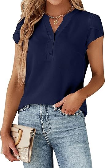 Women's Dressy Casual Tops Business Work Blouses White Button Down Shirts Cap Sleeve V Neck Tshirt