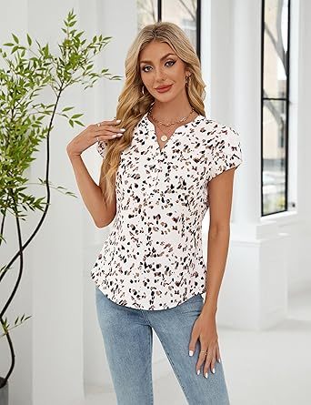 Women's Dressy Casual Tops Business Work Blouses White Button Down Shirts Cap Sleeve V Neck Tshirt